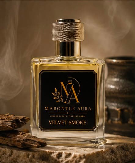 Velvet Smoke eau de parfum on stone beside aged cedar wood