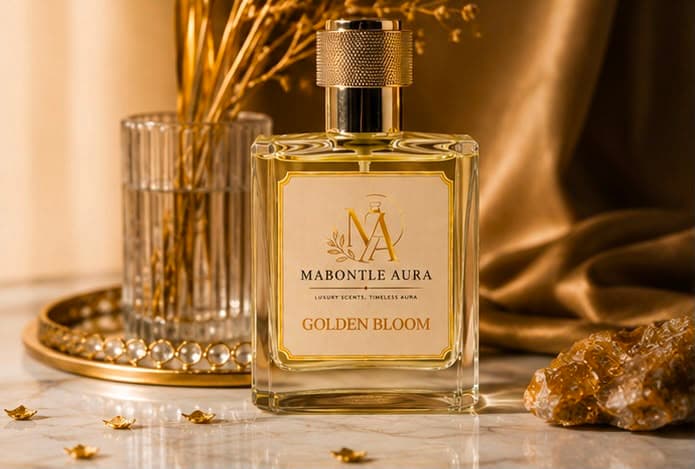 Golden Bloom eau de parfum beside raw citrine, against draped gold satin