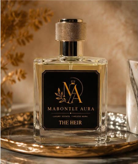 The Heir eau de parfum with black and gold label, on a brass surface in low light