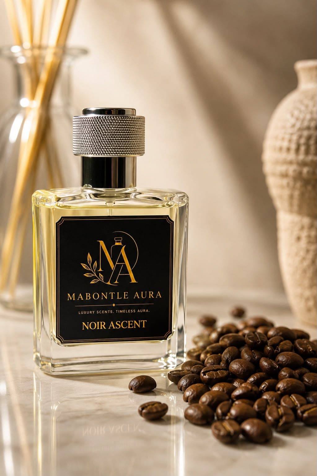 Noir Ascent eau de parfum on pale marble with roasted coffee beans