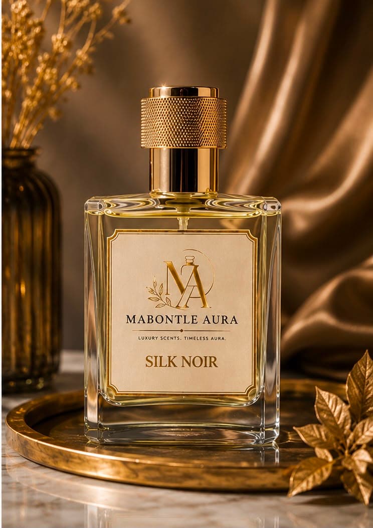 Silk Noir eau de parfum resting on a brass tray against gold silk